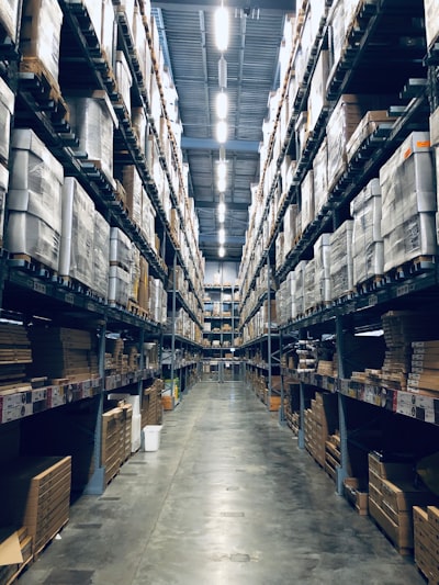 Warehouse shelves with organized inventory